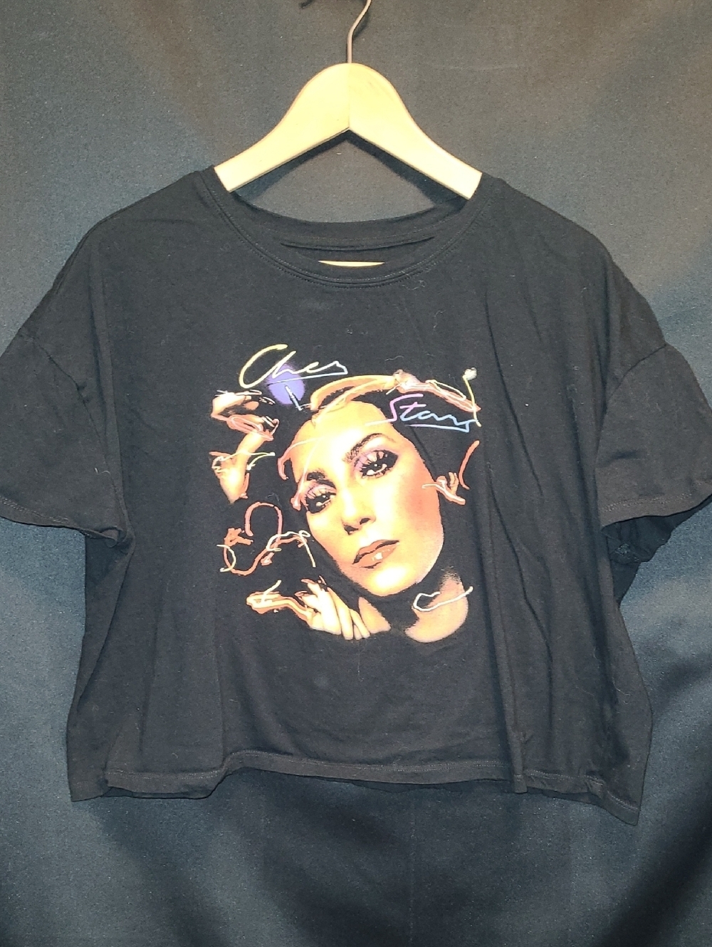 Cher | Black | Crop Top Tee | Stars Album Graphic | Women's Size XL tour promo